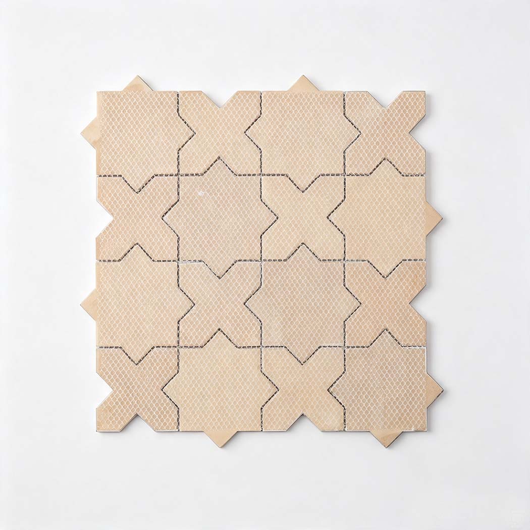 Rear mesh grid support on blue grey marble star mosaic sheet