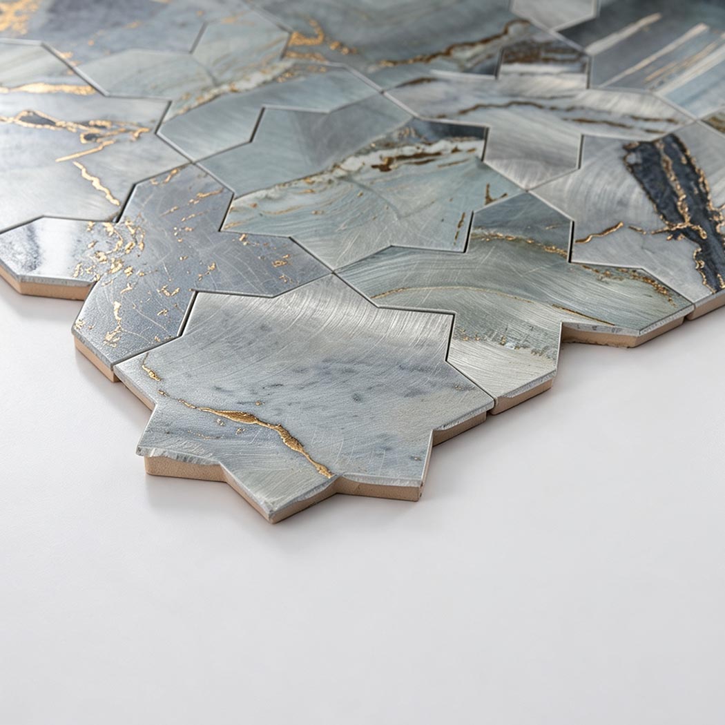 Low angle showing side thickness of blue grey star mosaic chip