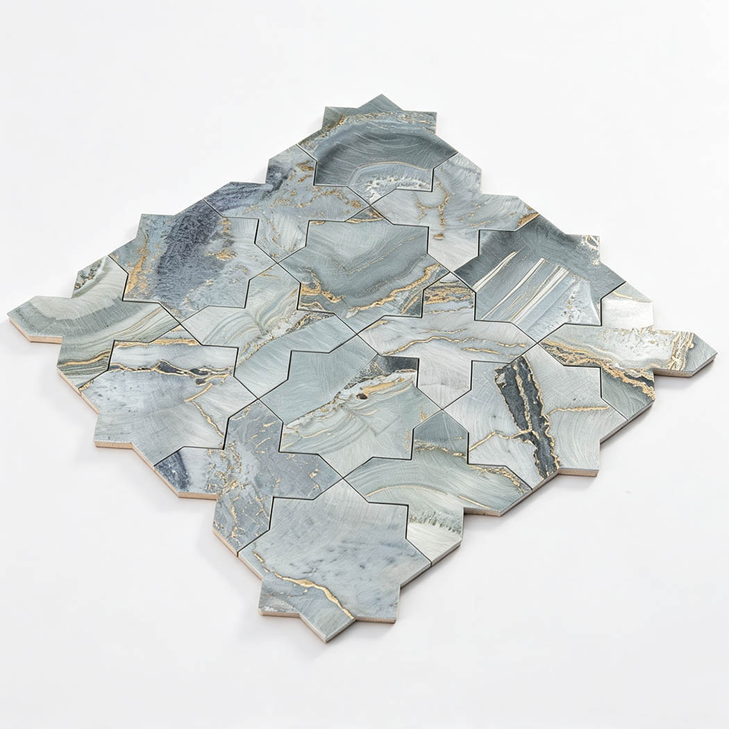Angled perspective display of blue grey gold star cross mosaic