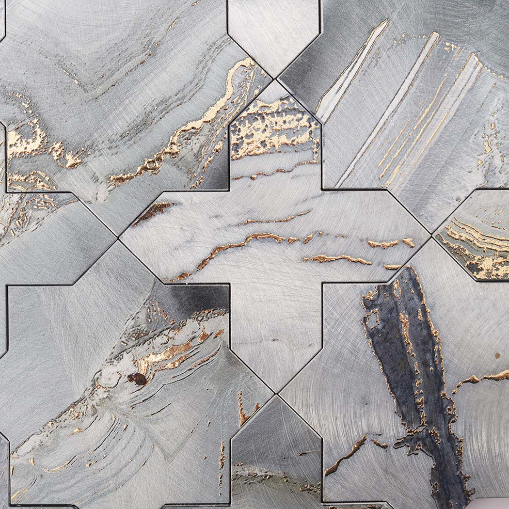 Macro texture showing gold veins on blue grey marble mosaic