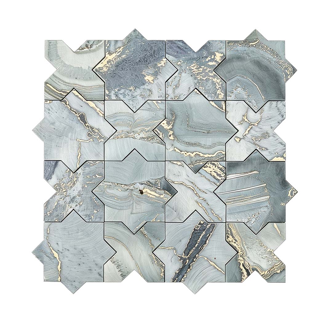 Top view of blue grey gold marble star cross mosaic tile sheet