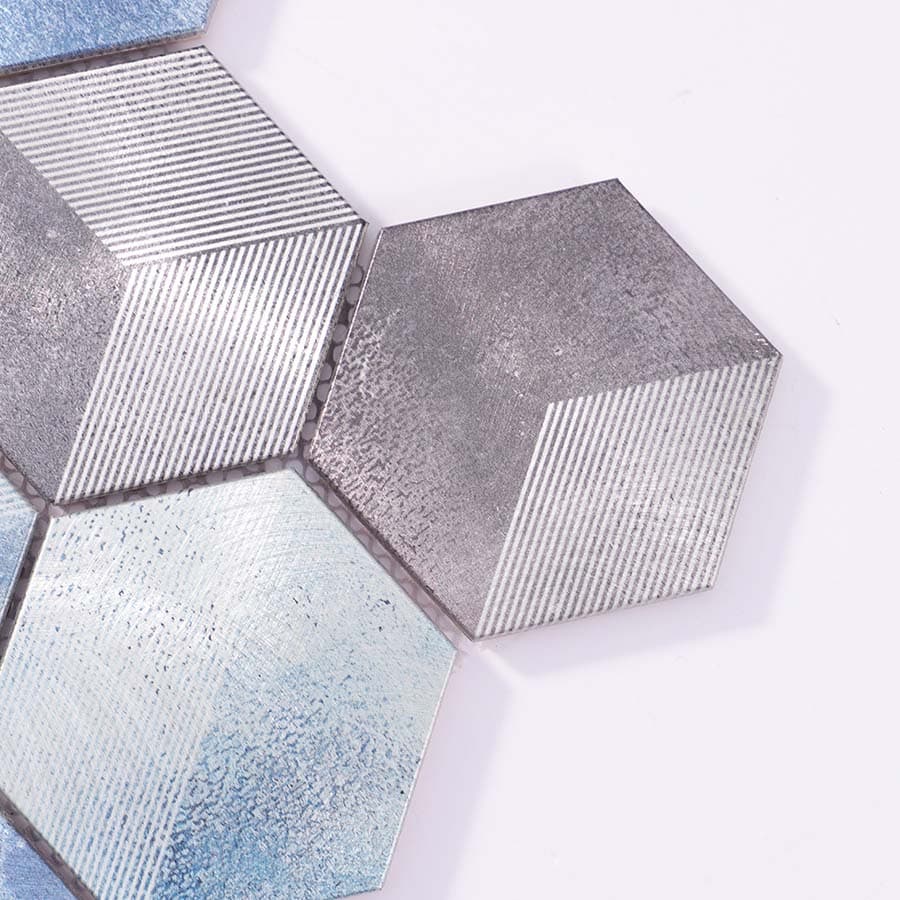Close-up of blue and grey hexagon aluminum tile edge and texture