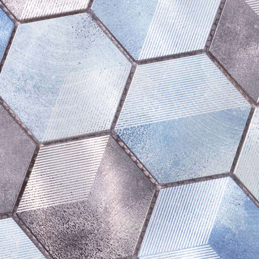 Close-up view of blue and grey hexagon aluminum tile surface patterns