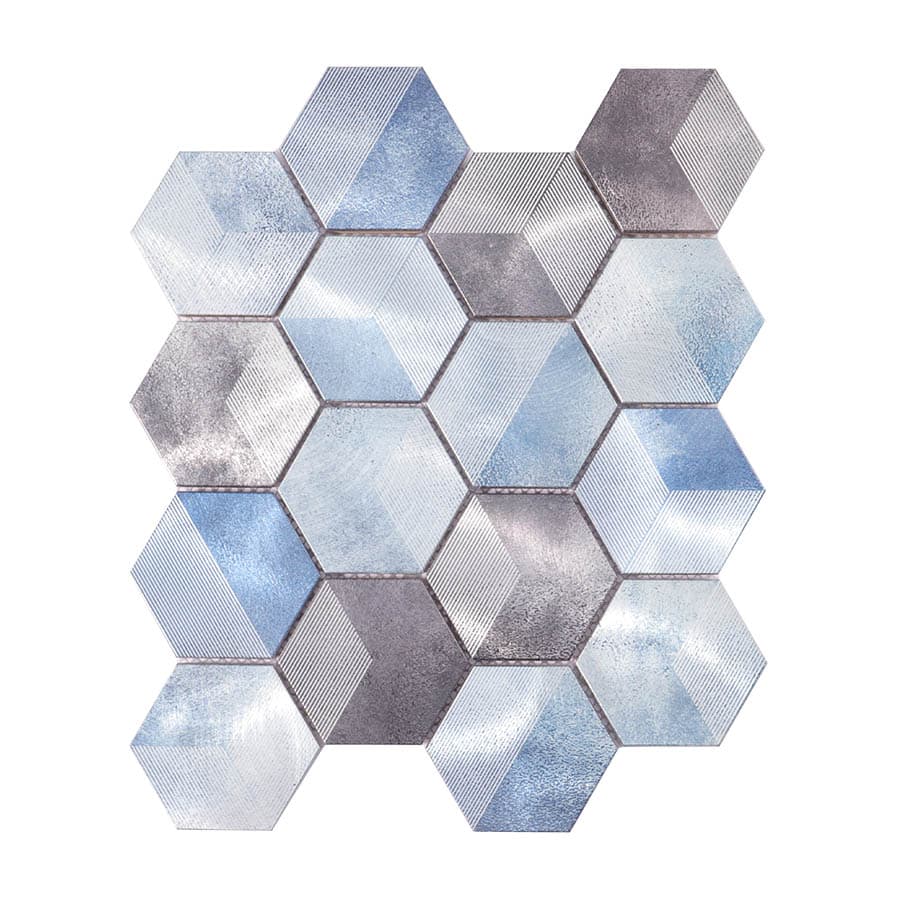 Front view of blue and grey hexagon aluminum mosaic tile sheet