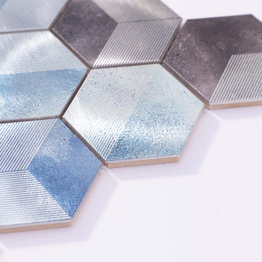 Side view showing thickness of blue and grey hexagon aluminum tiles