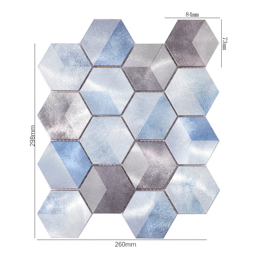 Blue and grey hexagon aluminum tile with detailed size measurements