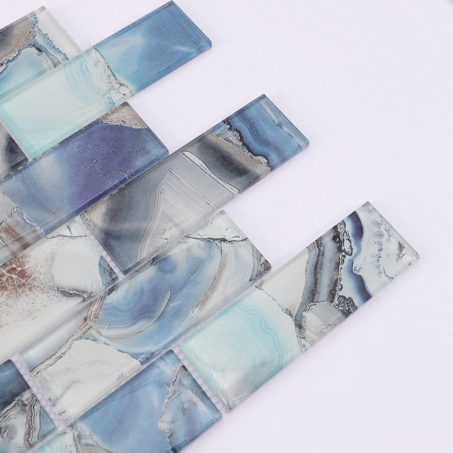 Close up of glossy blue grey subway glass mosaic tile with smooth finish