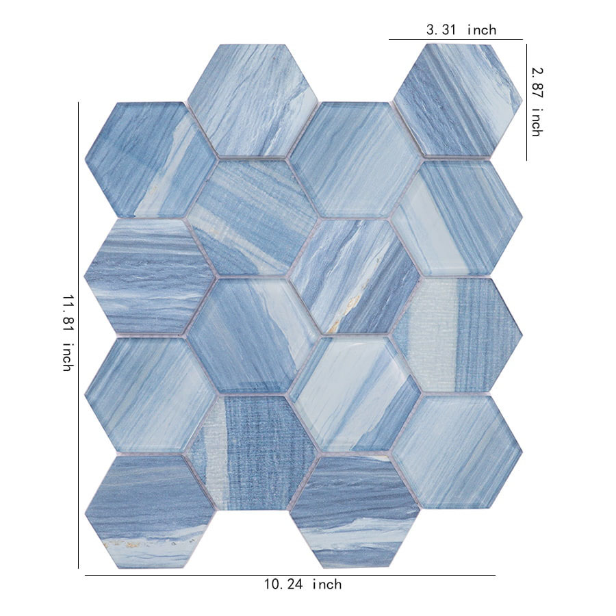 Blue hexagon glass mosaic wall tile sheet with size measurements in inches