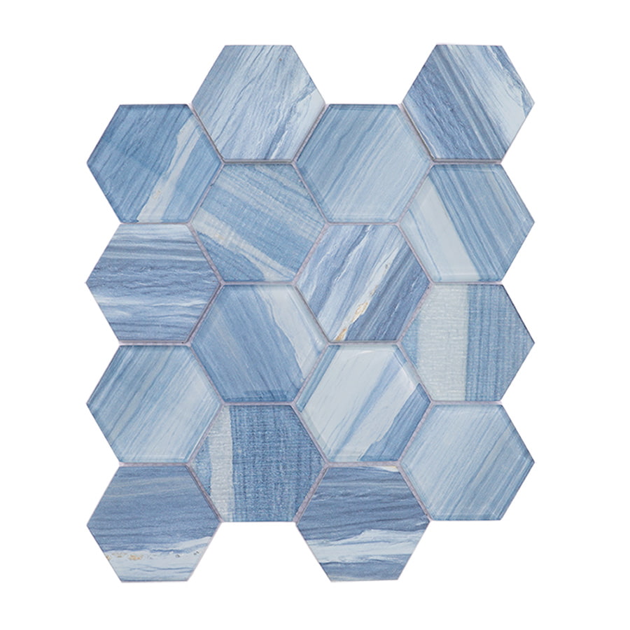 Front view of blue hexagon glass mosaic wall tile sheet with marble pattern