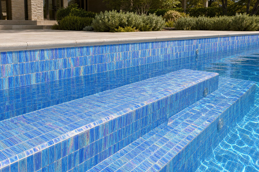 Blue iridescent 1x2 glass pool tiles on steps and waterline