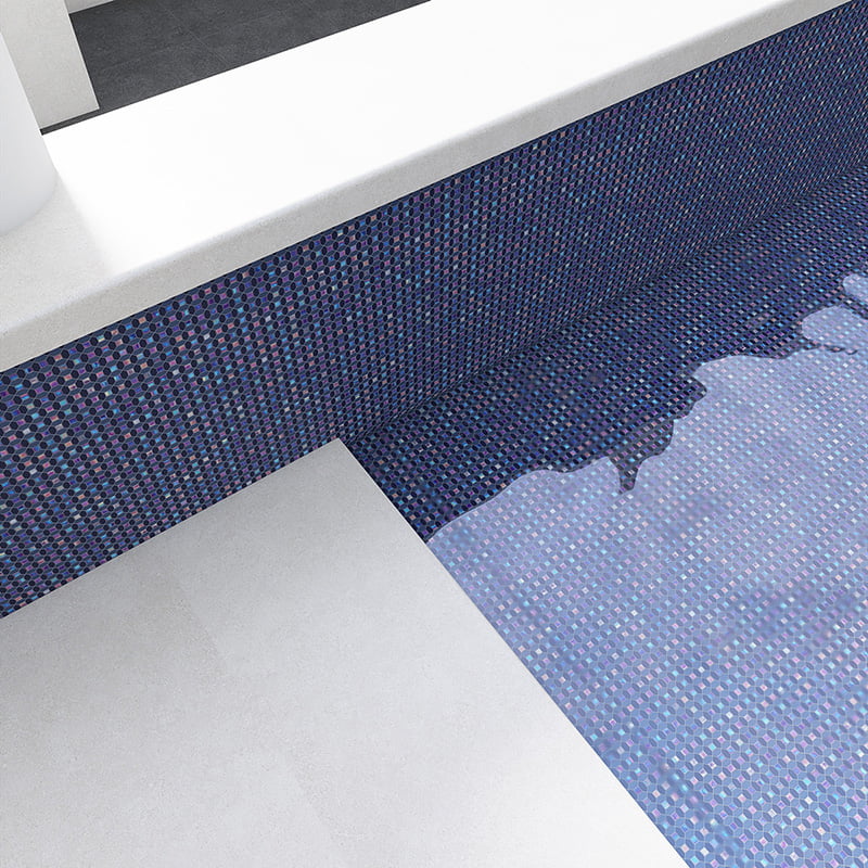 Iridescent blue glass penny tiles used in a modern pool wall and floor design