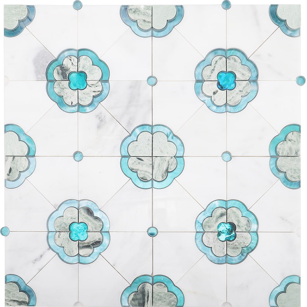Repeating layout of blue floral mosaic tiles on white marble look background