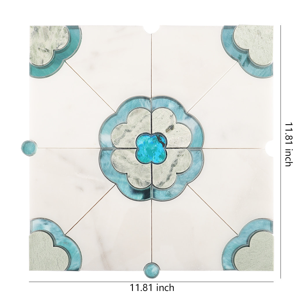 Square mosaic tile with blue flower medallion and 11.81 inch size labels