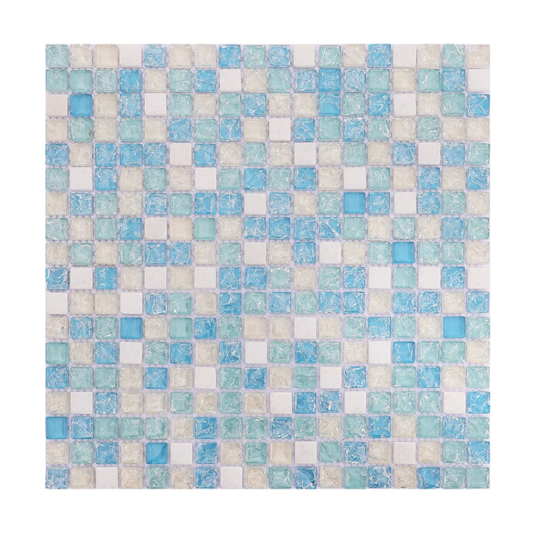 Full sheet of blue mint glass and white stone mosaic tile