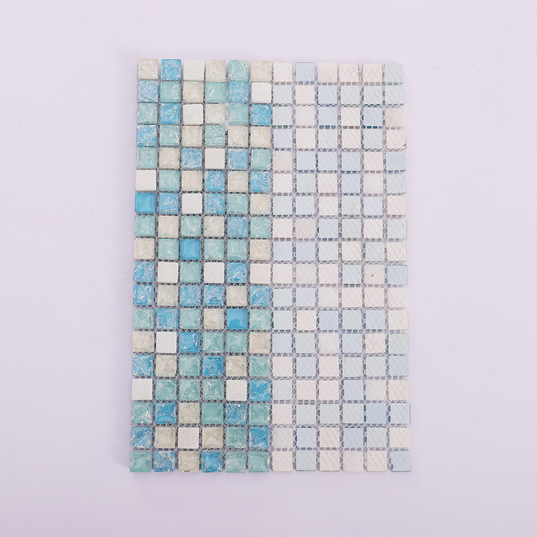 Blue mint glass and white stone mosaic tile with mesh backing view