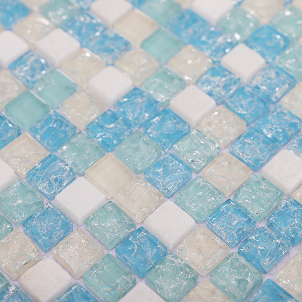 Close-up of blue mint glass and white stone mosaic tile pattern