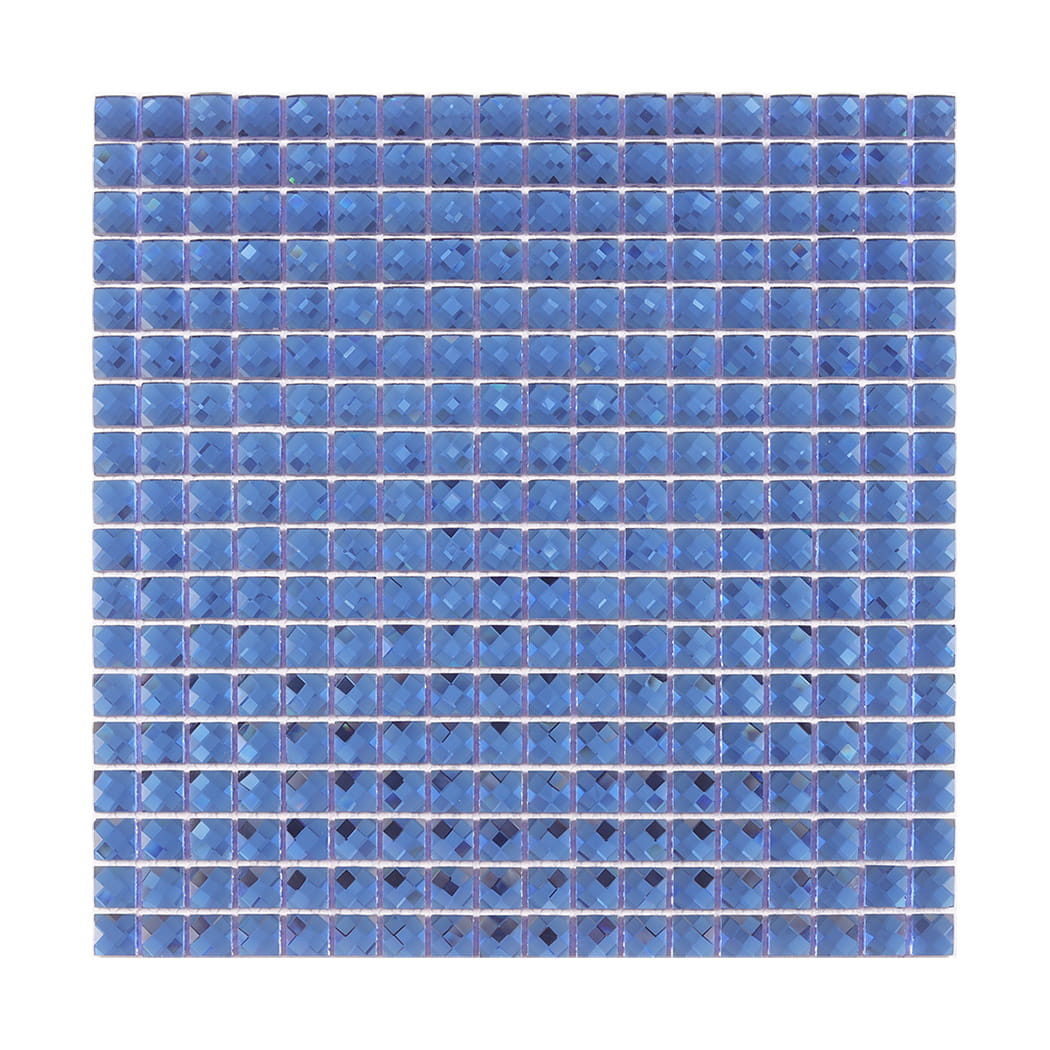Front view of a full sheet of reflective blue square mirror glass mosaic tiles.