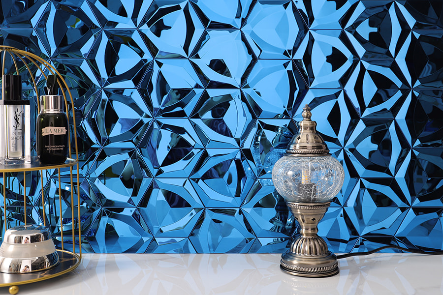 Modern reflective 3D blue stainless steel wall tile styled with luxury decor elements