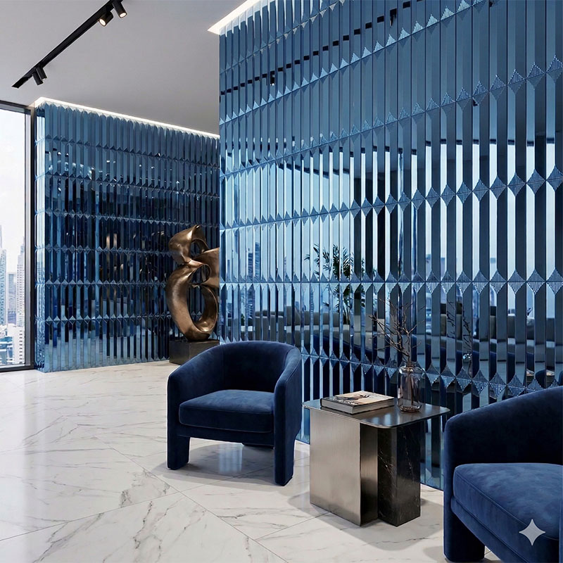 Sophisticated room with prominent 3D blue mirrored walls, velvet chairs, and marble.