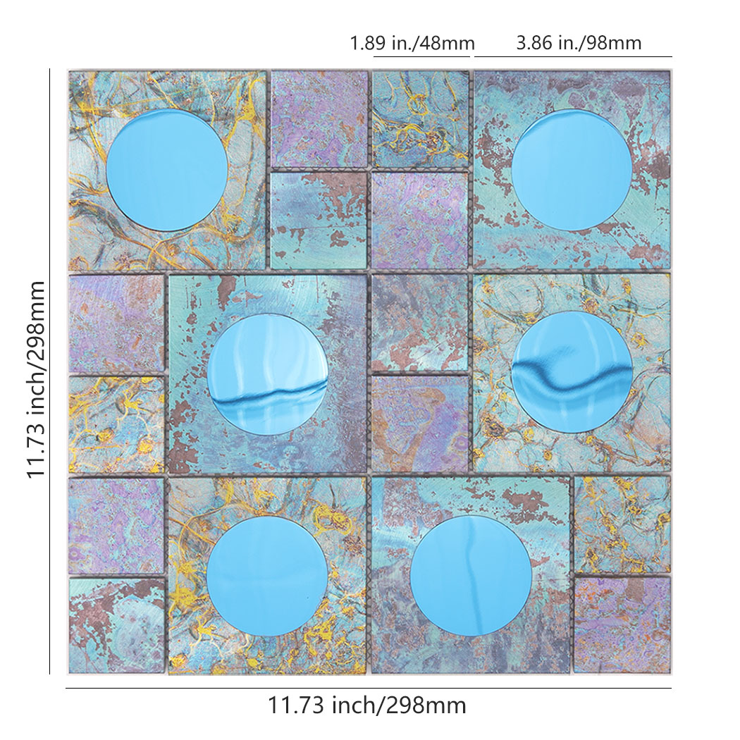 A square blue textures aluminum metal mosaic tile sheet showing 11.73 inches dimensions.