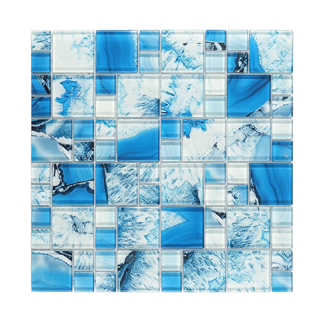 Blue white square glass mosaic tile sheet with ocean ink patterns and clear glass