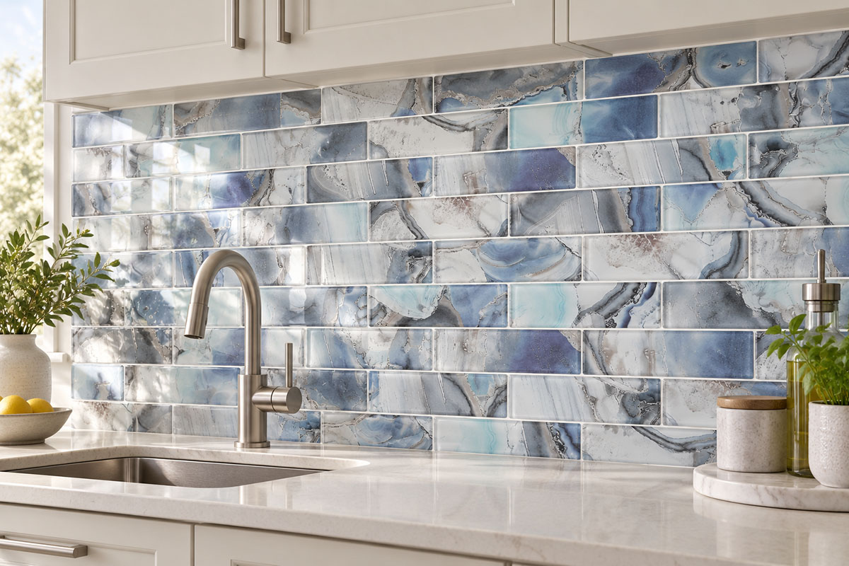 Blue onyx-look glass mosaic tiles with white grout on a kitchen backsplash