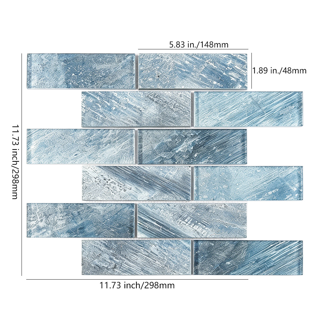 Blue smooth glass subway tile sheet with 148 by 48 mm chips and staggered layout