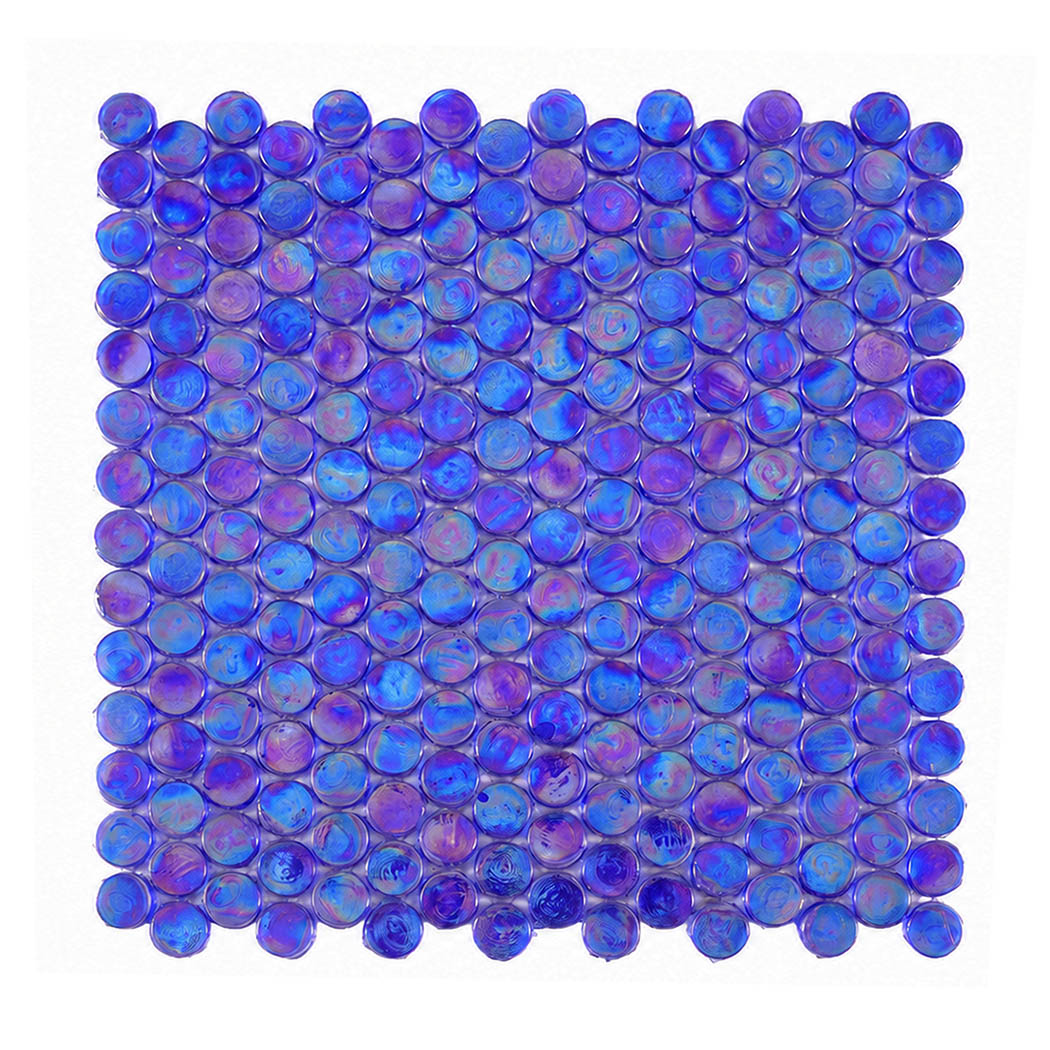 Blue purple iridescent round glass mosaic tile sheet on a white background