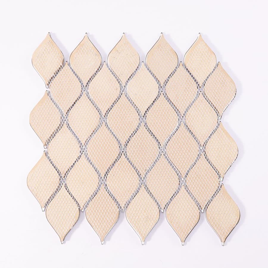 Back view of blue purple leaf aluminum mosaic tile with mesh backing