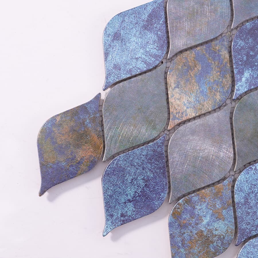 Corner close-up of blue purple leaf aluminum mosaic tile