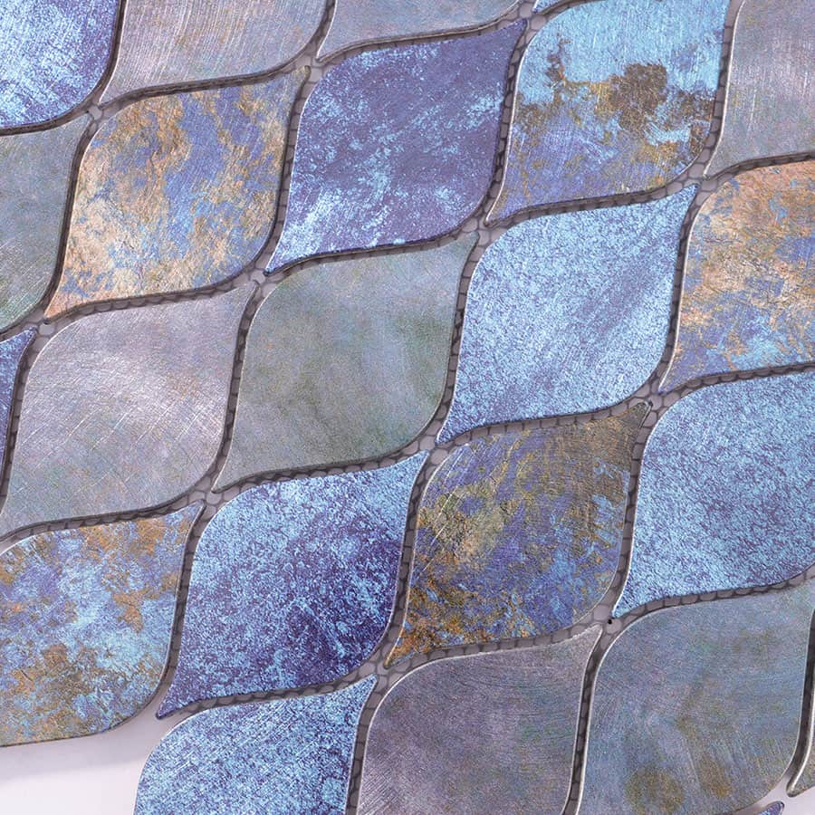 Diagonal angle view of blue purple leaf aluminum mosaic tile