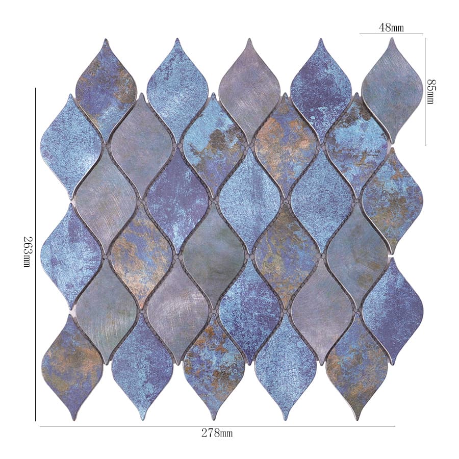 Blue purple leaf aluminum mosaic tile with size measurements