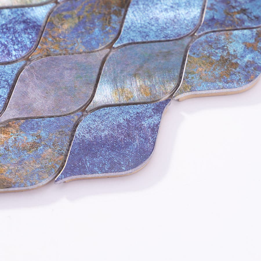 Side profile view of blue purple leaf aluminum mosaic tile