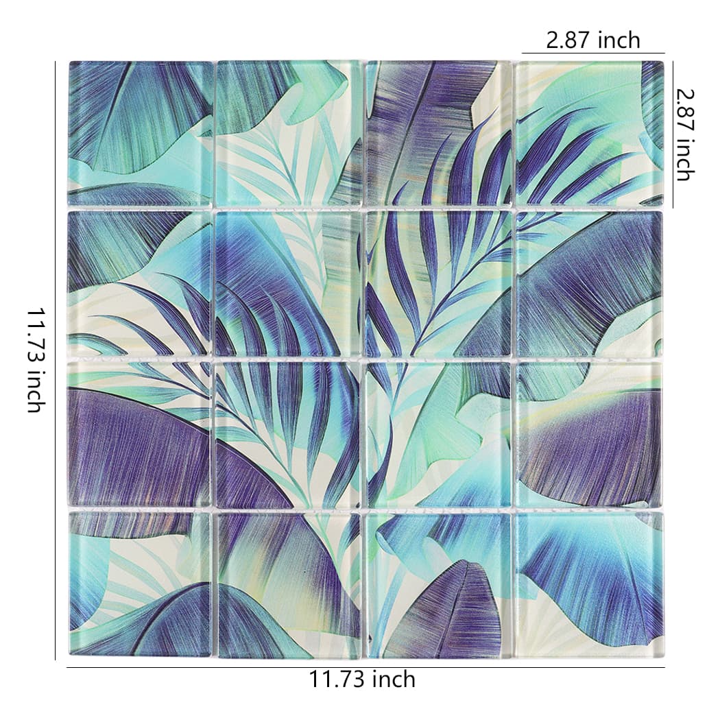 Blue and purple tropical leaf glass mosaic tile sheet with 2.87 inch square pieces