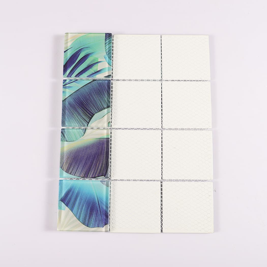 Mesh backing of blue purple tropical leaf square glass mosaic tile sheet