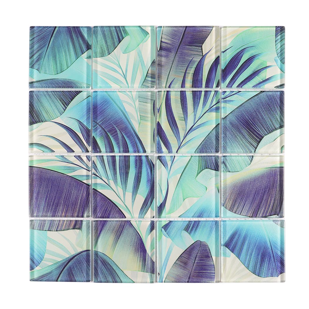 Glossy blue purple and aqua tropical leaf square glass mosaic tile sheet