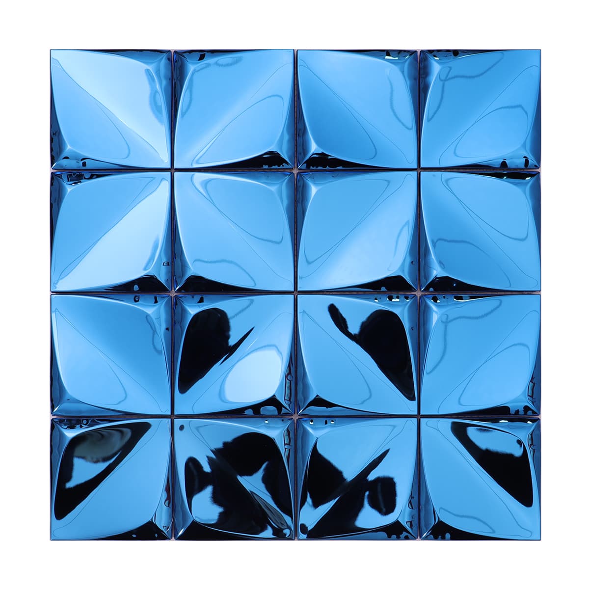 Full front view of blue 3D metal pyramid mosaic tile sheet