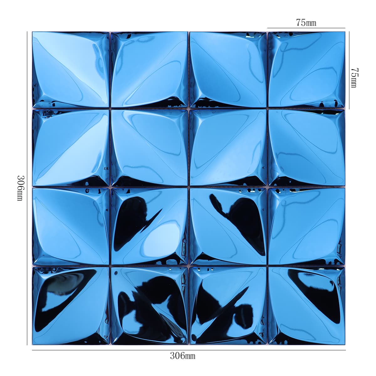 Blue pyramid 3D metal mosaic tile with measurement details shown