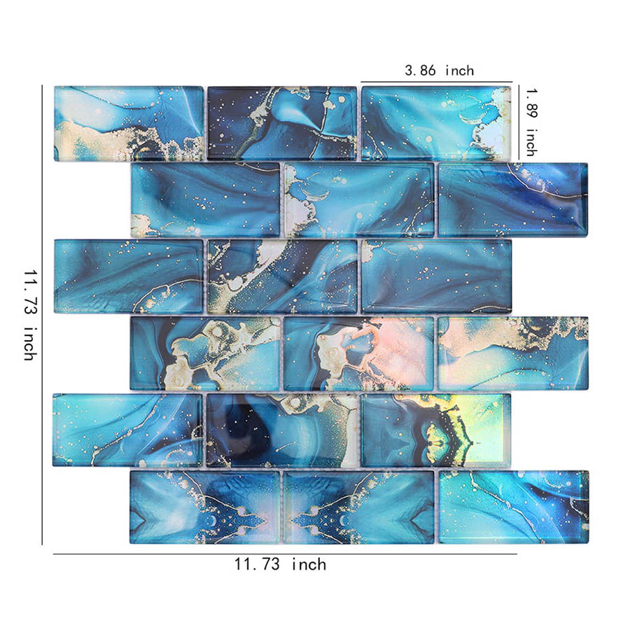 Blue rectangular glass mosaic wall tile sheet with size measurements