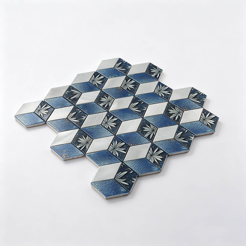 Angled view of blue silver floral hexagon aluminum mosaic tile