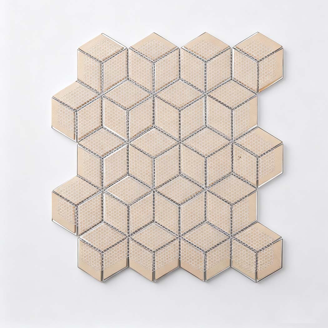 Mesh-backed reverse side of blue silver floral hexagon aluminum mosaic tile