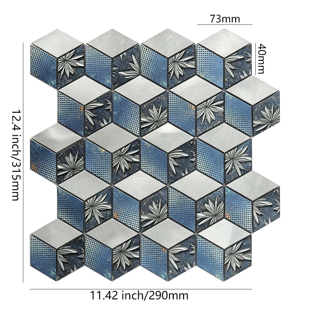 Blue silver floral hexagon aluminum mosaic tile with 11.42 by 12.4 inch dimensions