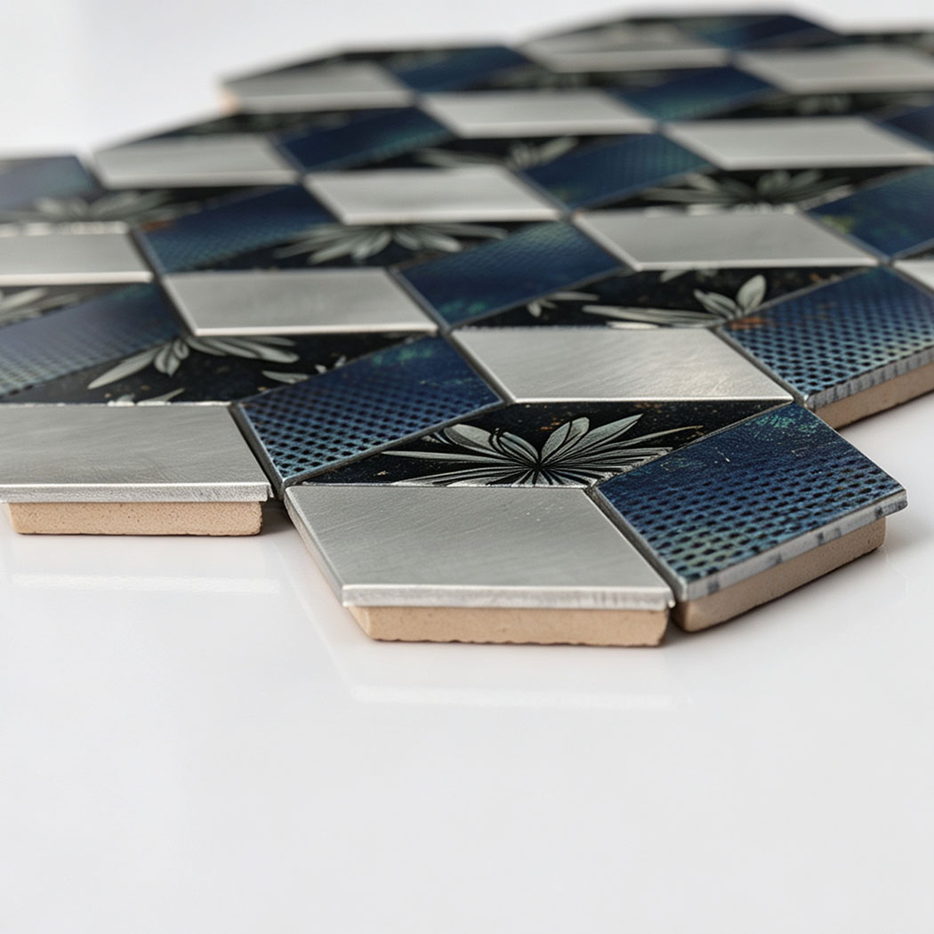 Angled view showing blue silver floral hexagon aluminum mosaic tile thickness