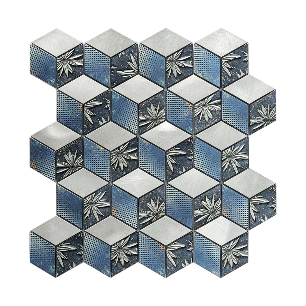 Blue and silver hexagon aluminum mosaic tile with decorative floral details