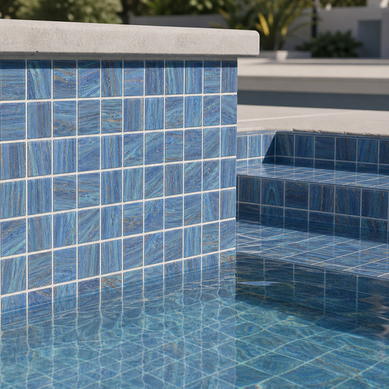 Blue gold sand square glass mosaic pool tiles on raised spa wall and pool steps