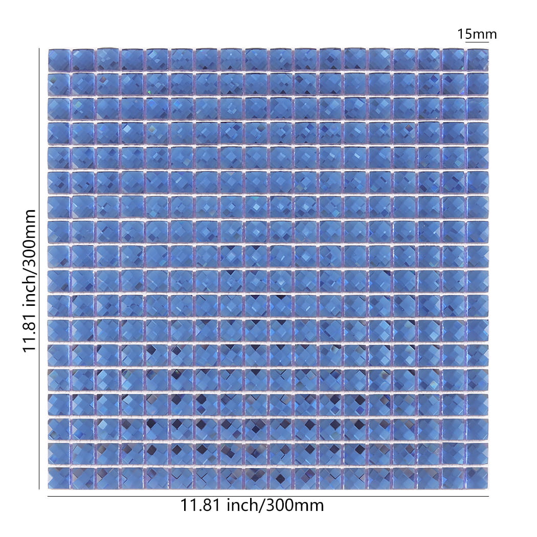 Blue square mirror glass mosaic tile sheet with dimensions 11.81 inches by 300mm.
