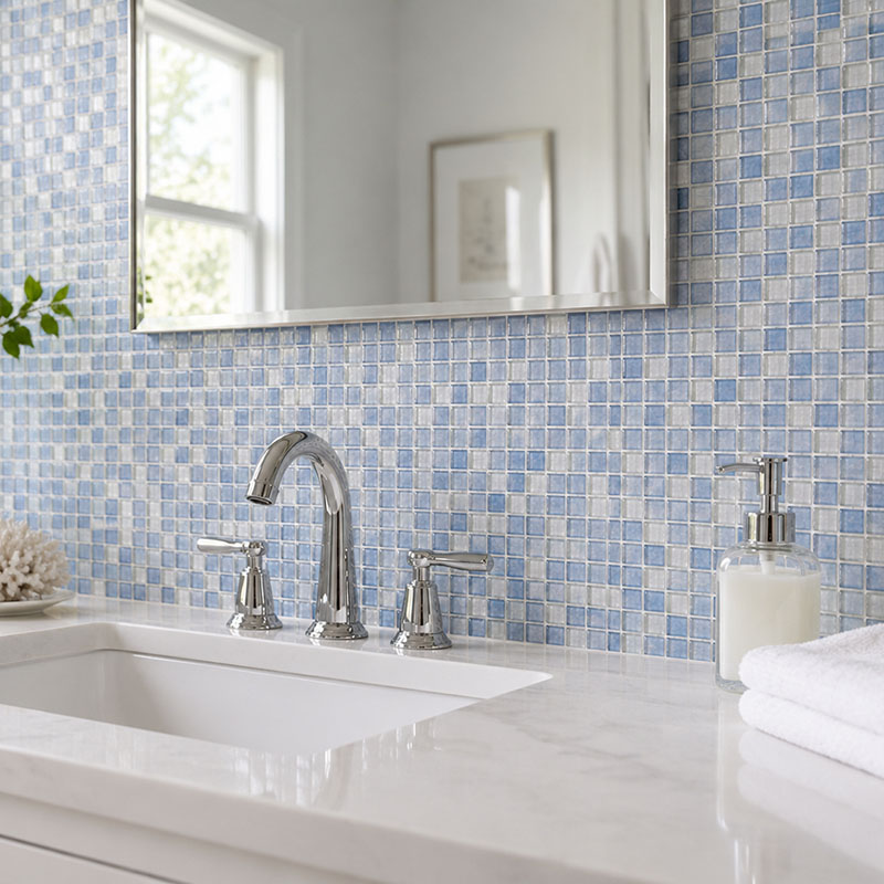 Blue translucent glass mosaic tile backsplash for bright bathroom sink area