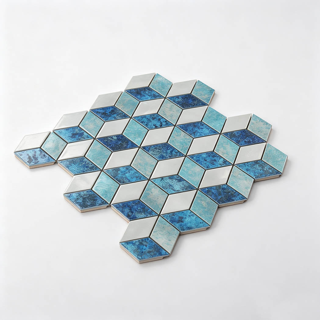 Angled view of blue turquoise and silver hexagon aluminum mosaic tile