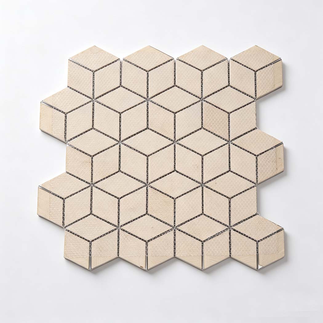 Mesh-backed reverse side of blue turquoise and silver hexagon aluminum mosaic tile