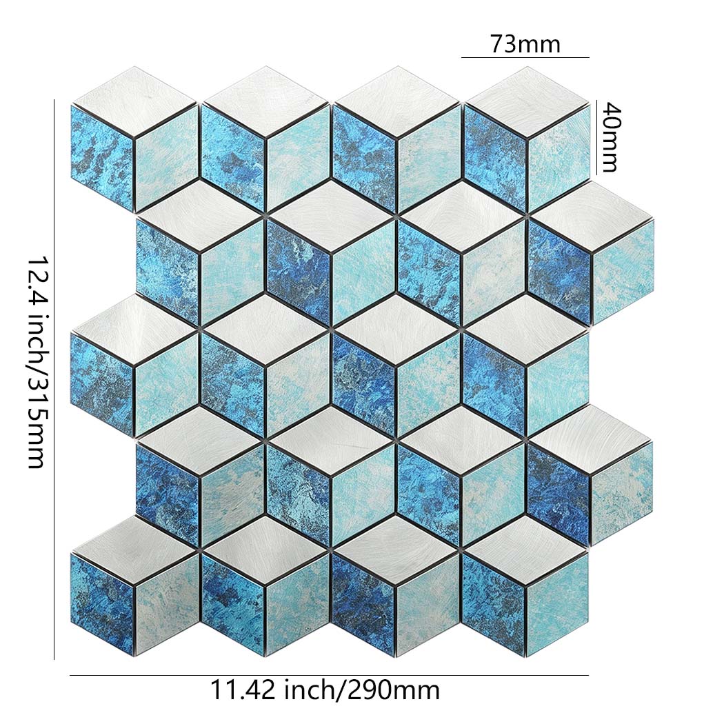Blue turquoise and silver hexagon aluminum mosaic tile with 11.42 by 12.4 inch dimensions